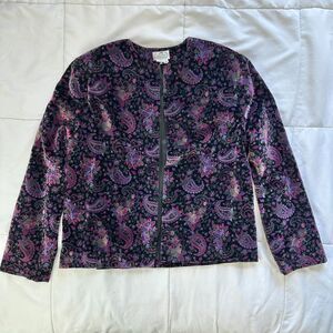 Vtg Landau Velvet Open Front Jacket Women 12 Multi Purple Paisley Floral 80s 90s